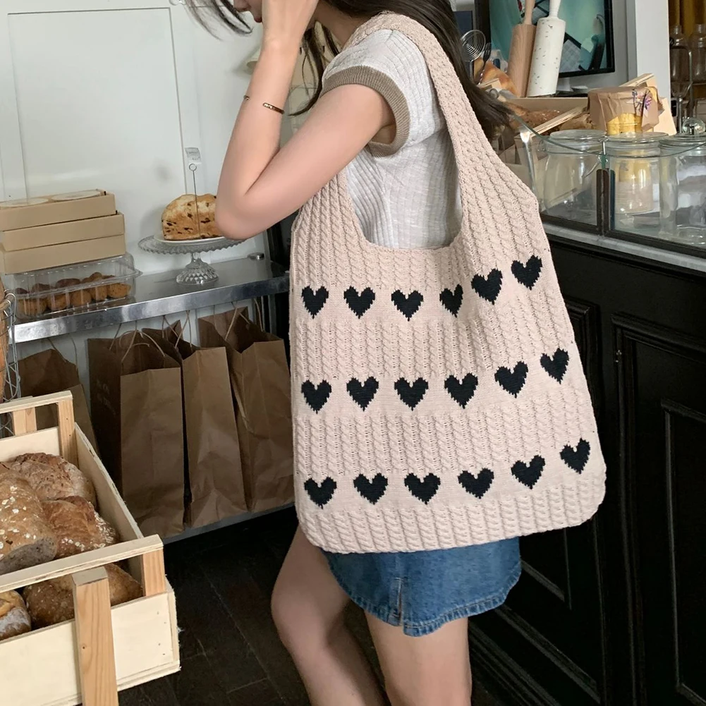 

Женская вязаная сумка-тоут Love, легкая сумка с цветными блоками, большая вместительная сумка для хранения на плечо, сумка с верхней ручкой, дорожная сумка
