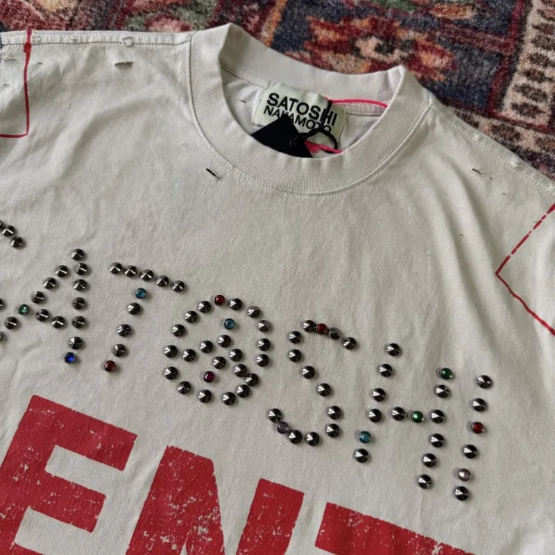 Real Photo Vintage Washed Worn Nail Beads SATOSHI Tshirts Red Faded Letters Cracked Skull Print Short Sleeve Men Women Tops