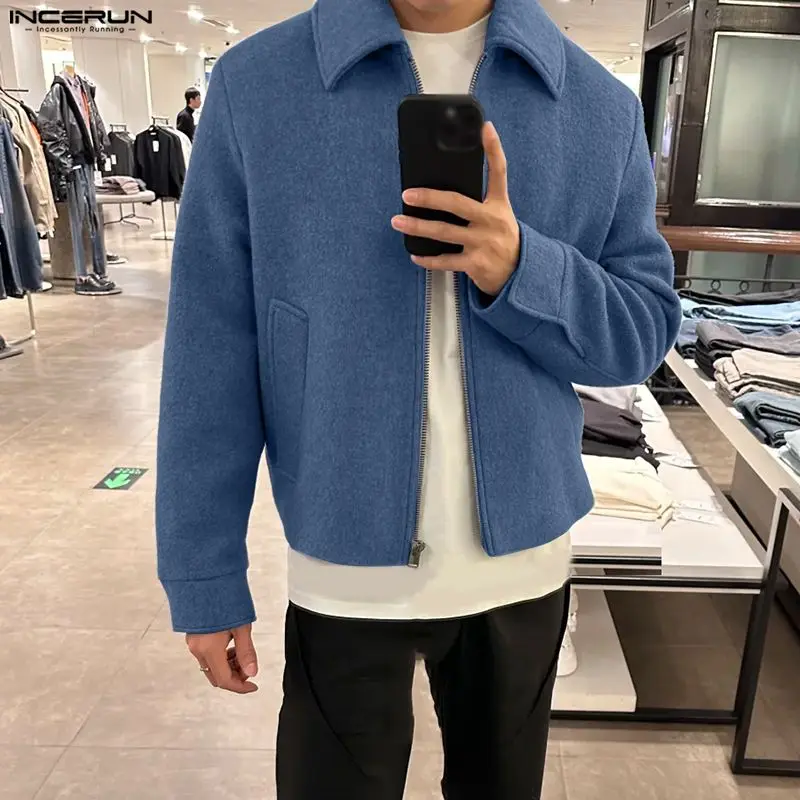 INCERUN سترات رجالية بلون واحد مع سحاب أكمام طويلة معاطف رجالية غير رسمية ملابس خروج فضفاضة موضة ملابس خارجية ترفيهية سترات