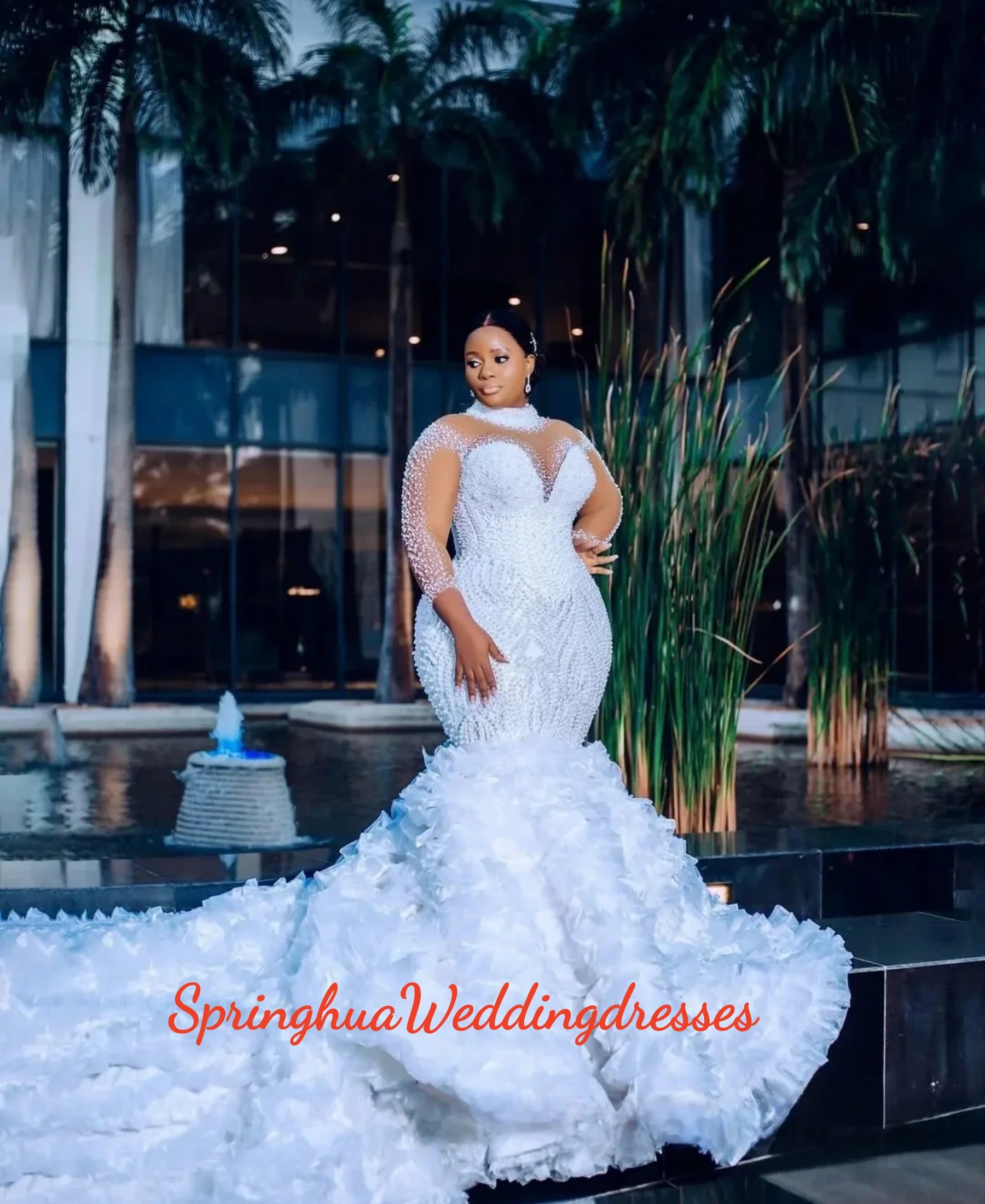 

Customized Luxury Sparkling Mermaid Wedding Dress African Women's Bride Dress Pearl Long Sleeve Layered vestidos de novia
