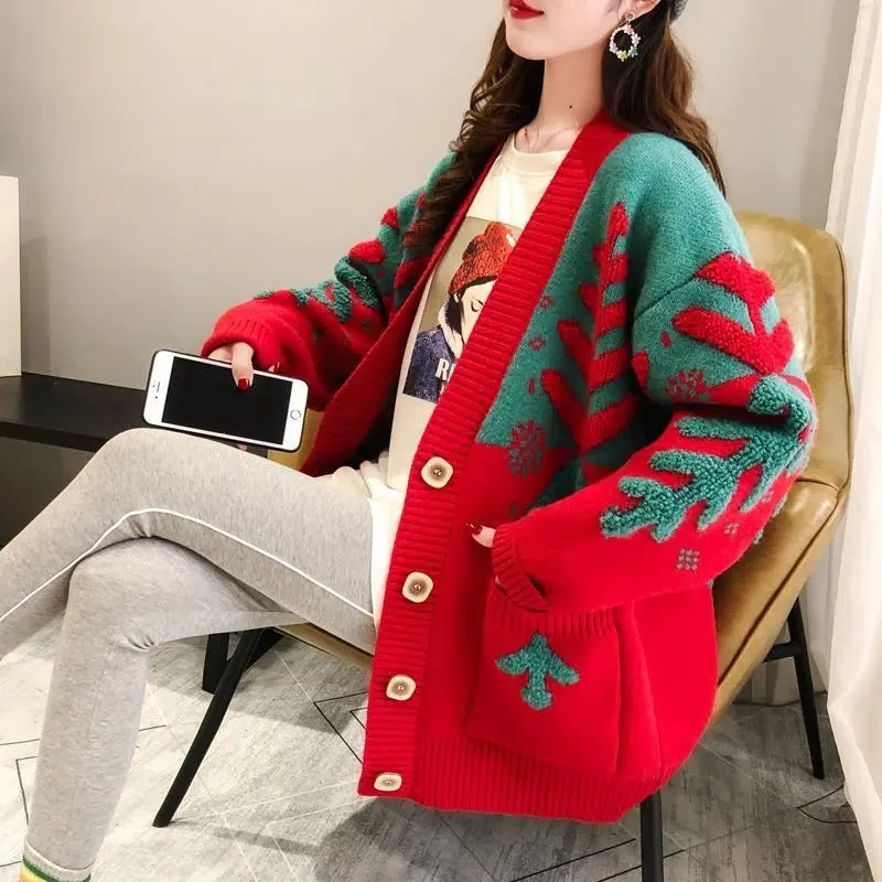 2024 Female Fashion Cardigan Women Thickened Korean Style Lazy Style Autumn And Winter Sweater Jacket Christmas Sweater  Knit To