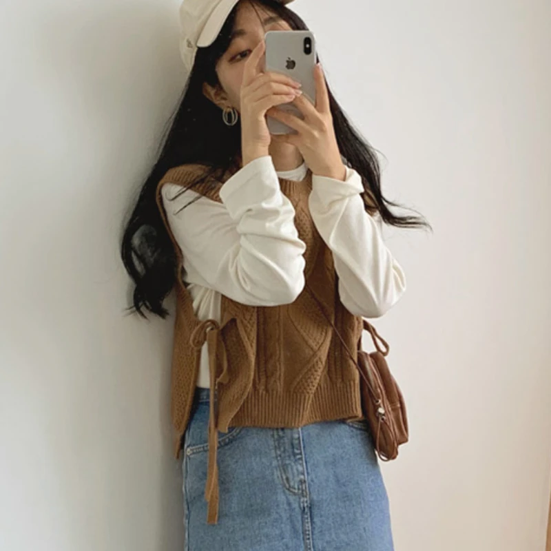 Short Vests Outerwear Lace-Up Cross Criss Design Cute Japan Girls Preppy Style Split Slit O Neck Casual Loose Knitted Sweaters