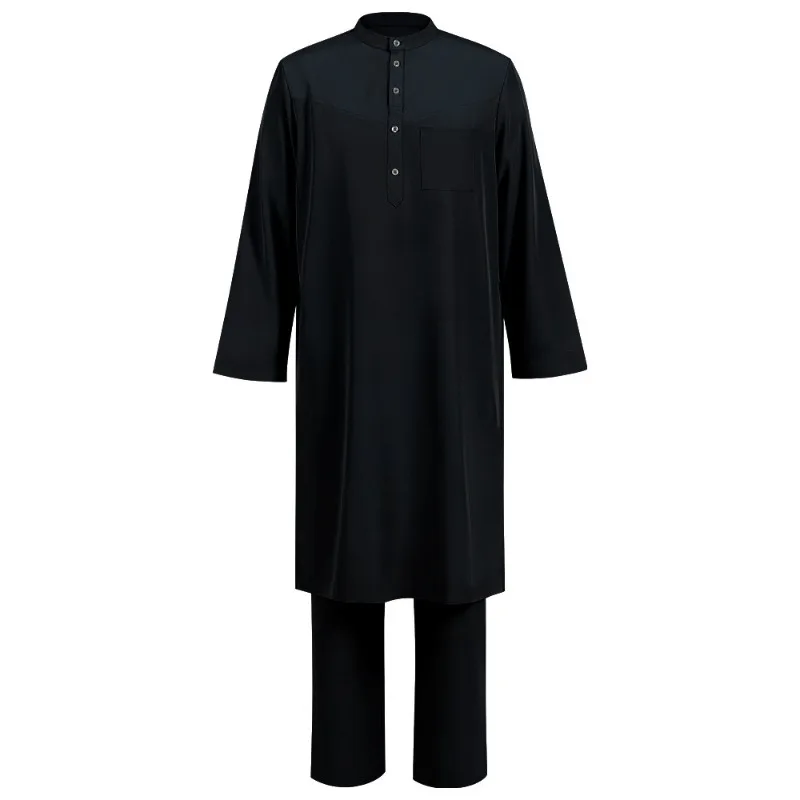 新しいイスラム教徒立ち襟ローブメンズ中東エスニックスタイル無地長袖ローブスーツ 2 点セット
