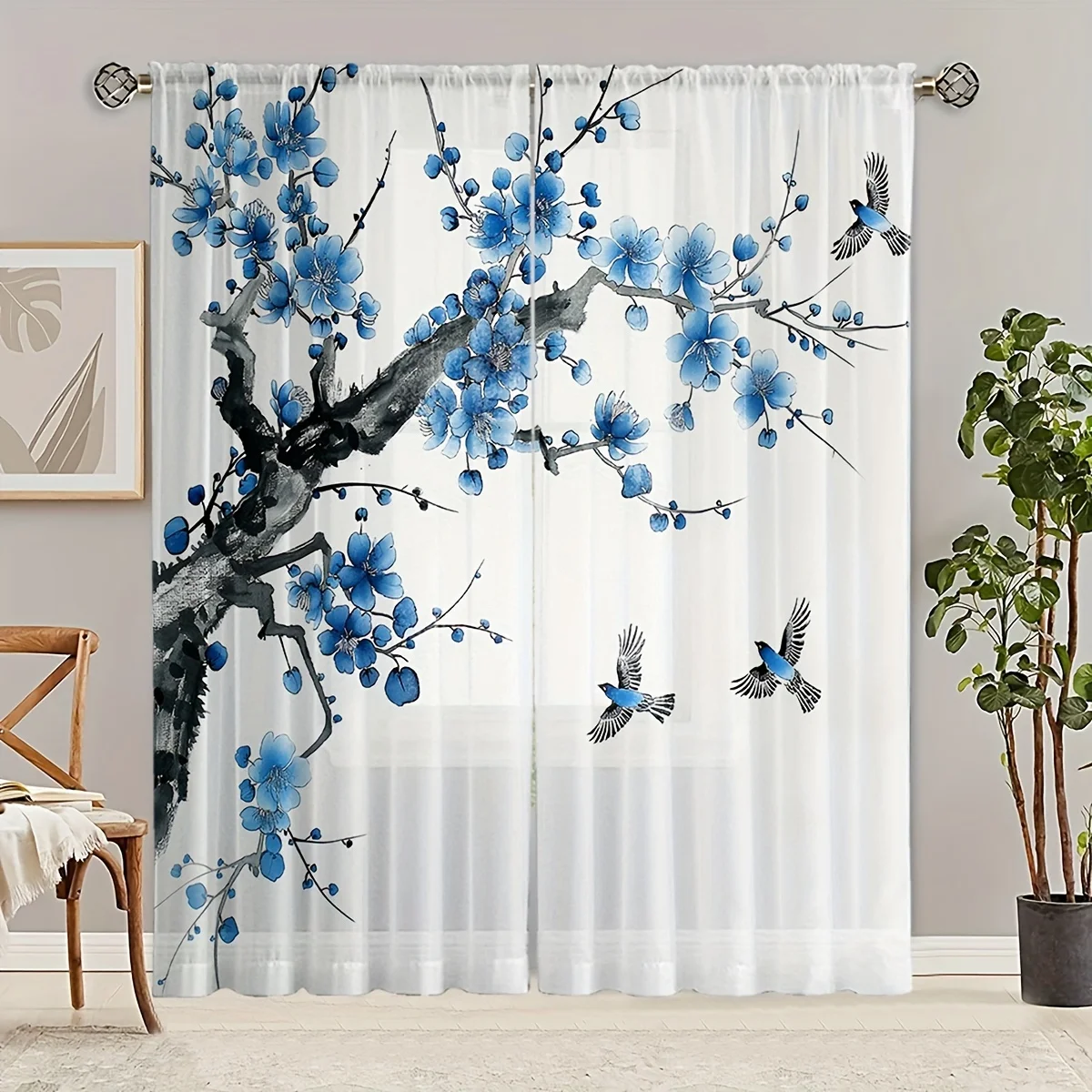 

2pcs Plum Blossom Bird Print Semi-sheer Curtains Rod Pocket Decorative Window Curtains Window Treatments For Bedroom Living Room