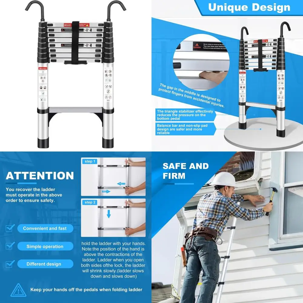 

Алюминиевая телескопическая лестница, легкая портативная лестница 8,5 футов с крючком, стабилизаторами, колесами, грузоподъемностью 330 фунтов, идеально подходит для крышков и автофургонов.