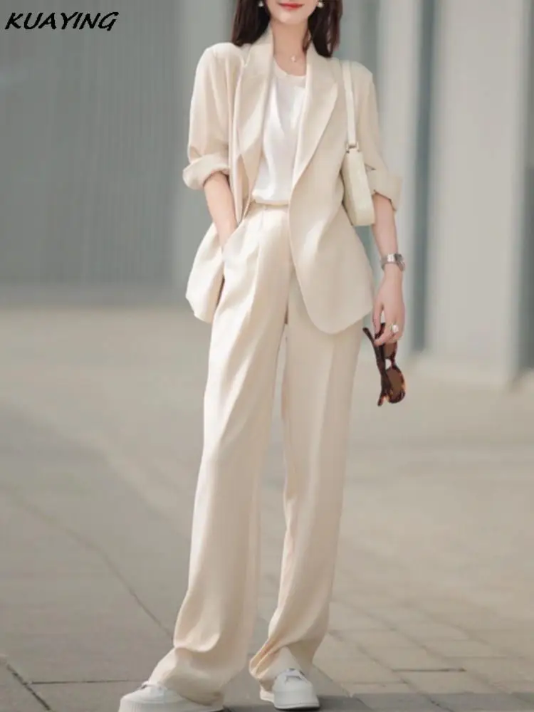 

Vintage Blazer Jackets Straight Pantsuit Korean Fashion Elegant and Chic Women Casual Two Pieces Set Female Formal Outfits