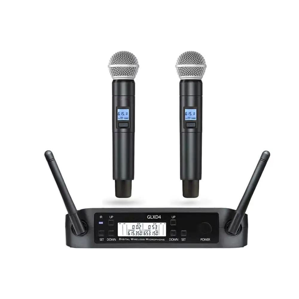 Popular 1 to 2 UHF GLXD4 Wireless Stage Karaoke SM DJ 58 Microphones Audio System 803-806MHz