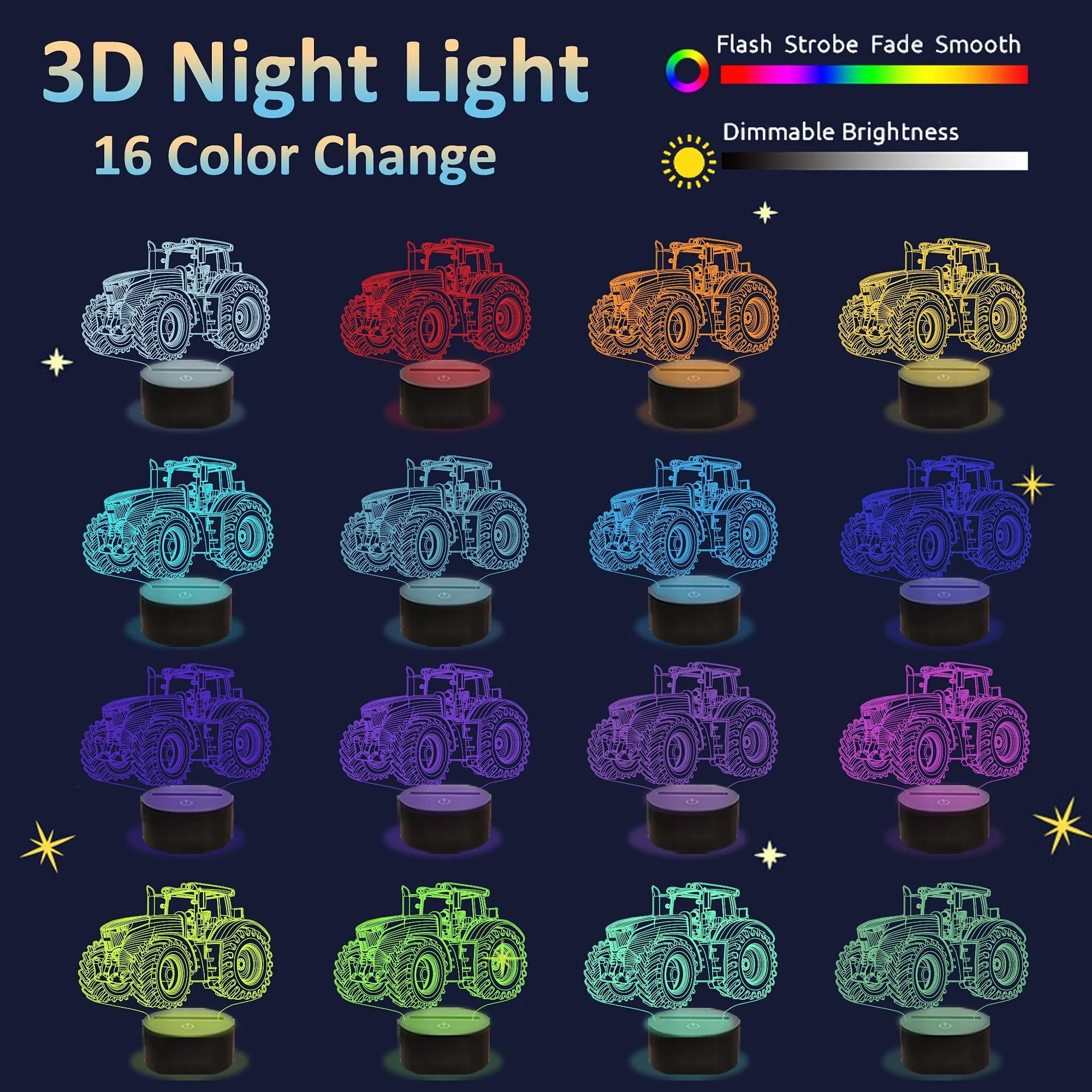 Tractor 3D Illusion Night Lamp, 16 Color Change Dimmable Hologram Light, Table Desk Bedroom Decor Creative Truck Gift for Kids