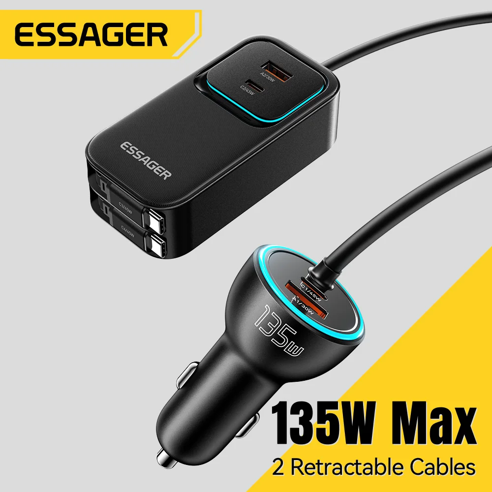 

Essager 135W Car Charger Cigarette Lighter Adapter Built in Dual Retractable Cable Fast Charging USB C Charger For Huawei Xiaomi