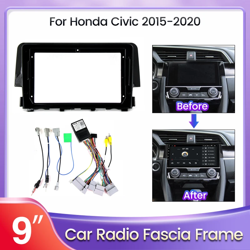 Radio de coche de 9 pulgadas para Honda Civic 10 FC FK 2015-2021, Kit de tablero de Panel Fascia, instalación de consola Facia, adaptador de bisel, placa embellecedora de marco