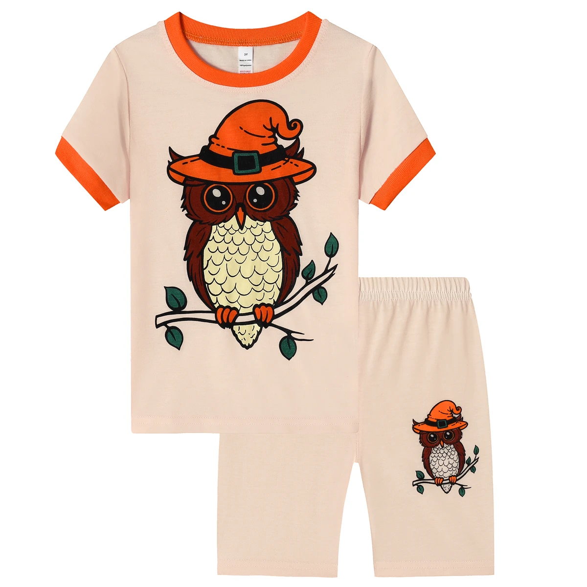 1615 flammhemmende Cartoon-Eulen-Kurzarm-Shorts für Mädchen, Pyjama-Set, geeignet für Mädchen im Alter von 2–9 Jahren