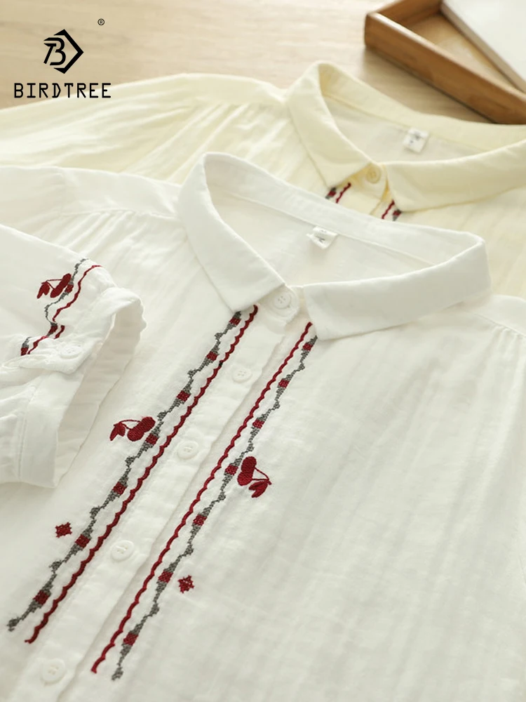New 2026 Summer Women Cotton Yarn Half Sleeve Shirt, Turn-down Collar Embroidery, Mori Girl Preppy Style Loose Blouse T65422CC