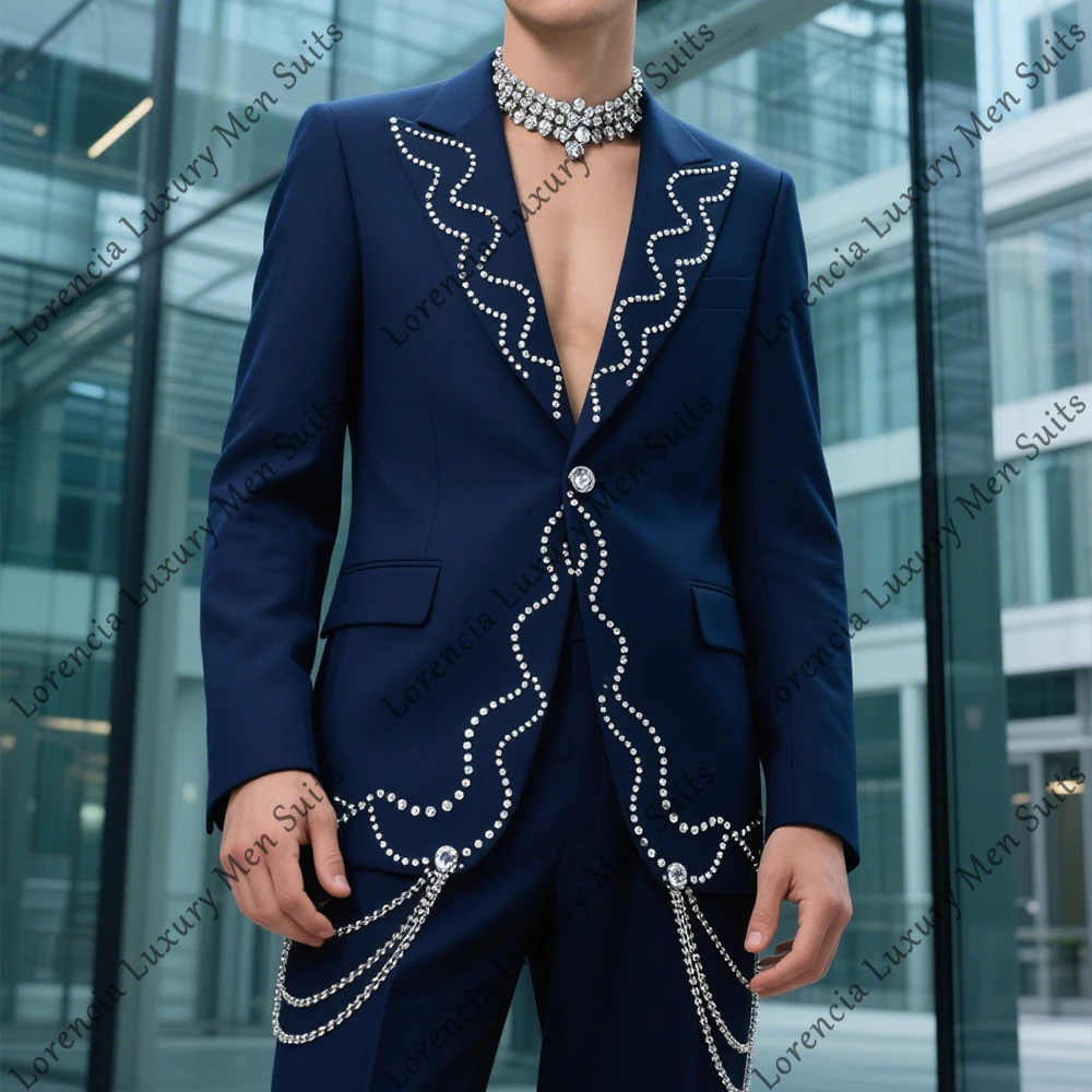 

Fashion Chain Decoration Men Suits 2 Pieces Crystal Tuexdos Wedding Party Outfits Customized Blazer Pants costume homme luxe