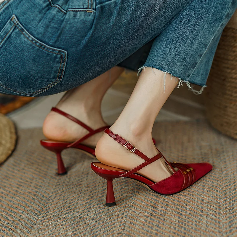 2022 New French Sexy Feminine Pumps Retro Pointed Toe Slingbacks Ladies Shoes Buckle Strap Suede Leather Heels Shoes Women Shoes