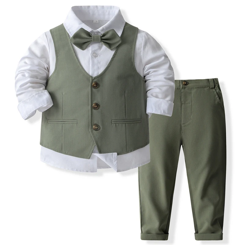 4Piece Sets Fall Baby Boy Clothes Fashion Gentleman Cotton Long Sleeve Tops+Vest+Pants+Tie Children Boutique Clothing BC2088-1