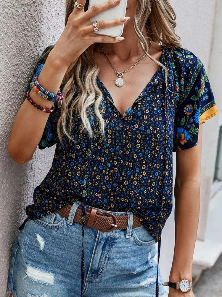 Boho Floral Print Women\'s Blouses 2024 Summer Fashion Loose V Neck Short Sleeve Beach Tops Female Elegant Casual Shirt For Women