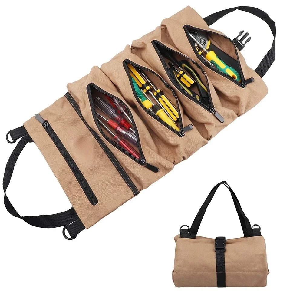 Multifunctional Canvas Tool Bag 5 Pockets Zipper Closure Foldable Portable Organizer Hand Bucket For Electrician Car