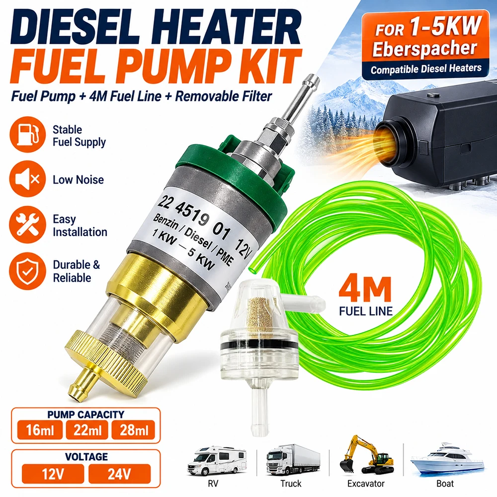 Ultra-Low Noise 12V/24V Fuel Pump for Eberspacher Universal Diesel Parking Heater with 4M Fuel Line And Oil Filter 16/22/28ml