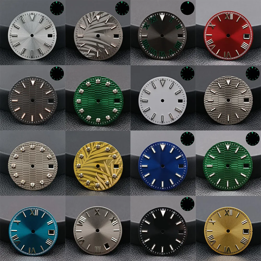 28.5mm NH35 Dial Fit for NH35/NH36 Movement Watch Case Single/Double Calendar Blue-Green Luminous Dial Watch Accessories