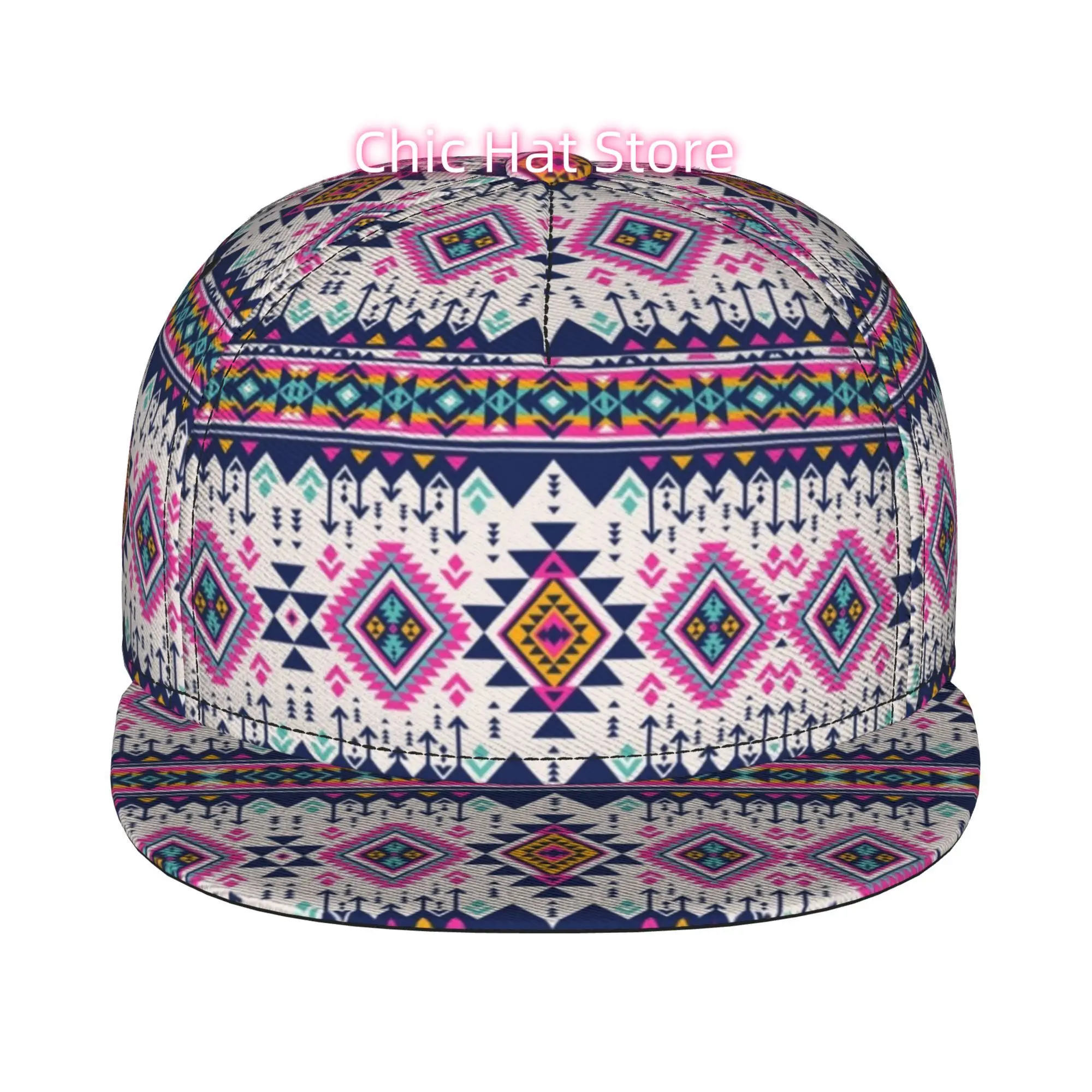 1pc Local American Geometric Pattern Fully Printed Hip-Hop Cap, Stylish Flat-Brimmed Baseball Cap, Trucker Caps, Baseball Caps