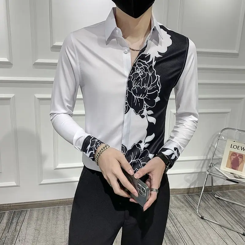 Turn-down Collar Formal Business Temperament Button Printing Asymmetrical Spring Summer Thin Men\'s Clothing Fashion Casual Loose