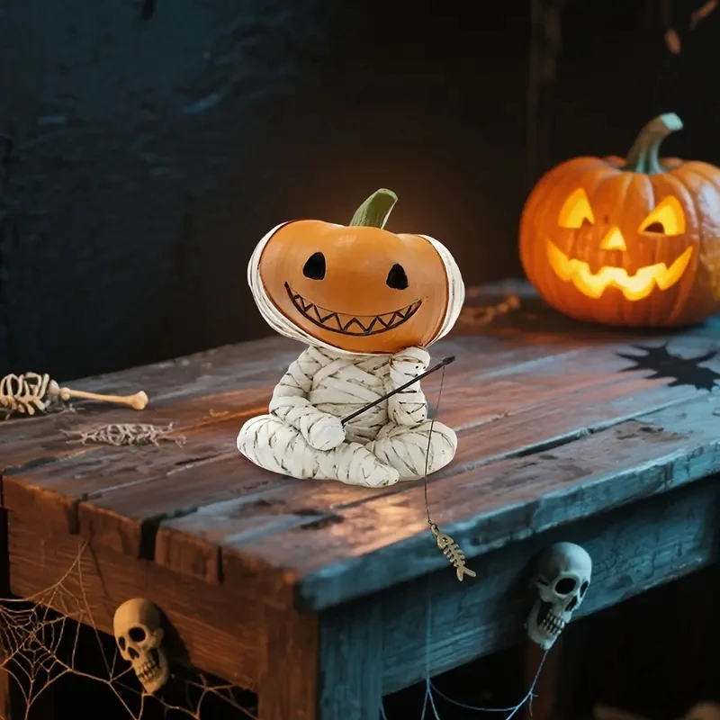 Pumpkin Scarecrow Fishing Elf Resin Statues:Funny Cartoon Cute Miniatures Figurine Waterproof Creative Decor for Balcony Spaces