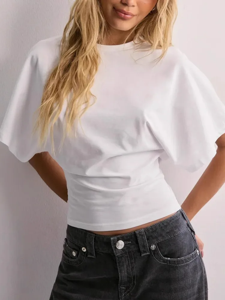 

Свободный однотонный женский пуловер с круглым вырезом, летний, новый, универсальный, простой дизайн, белый топ