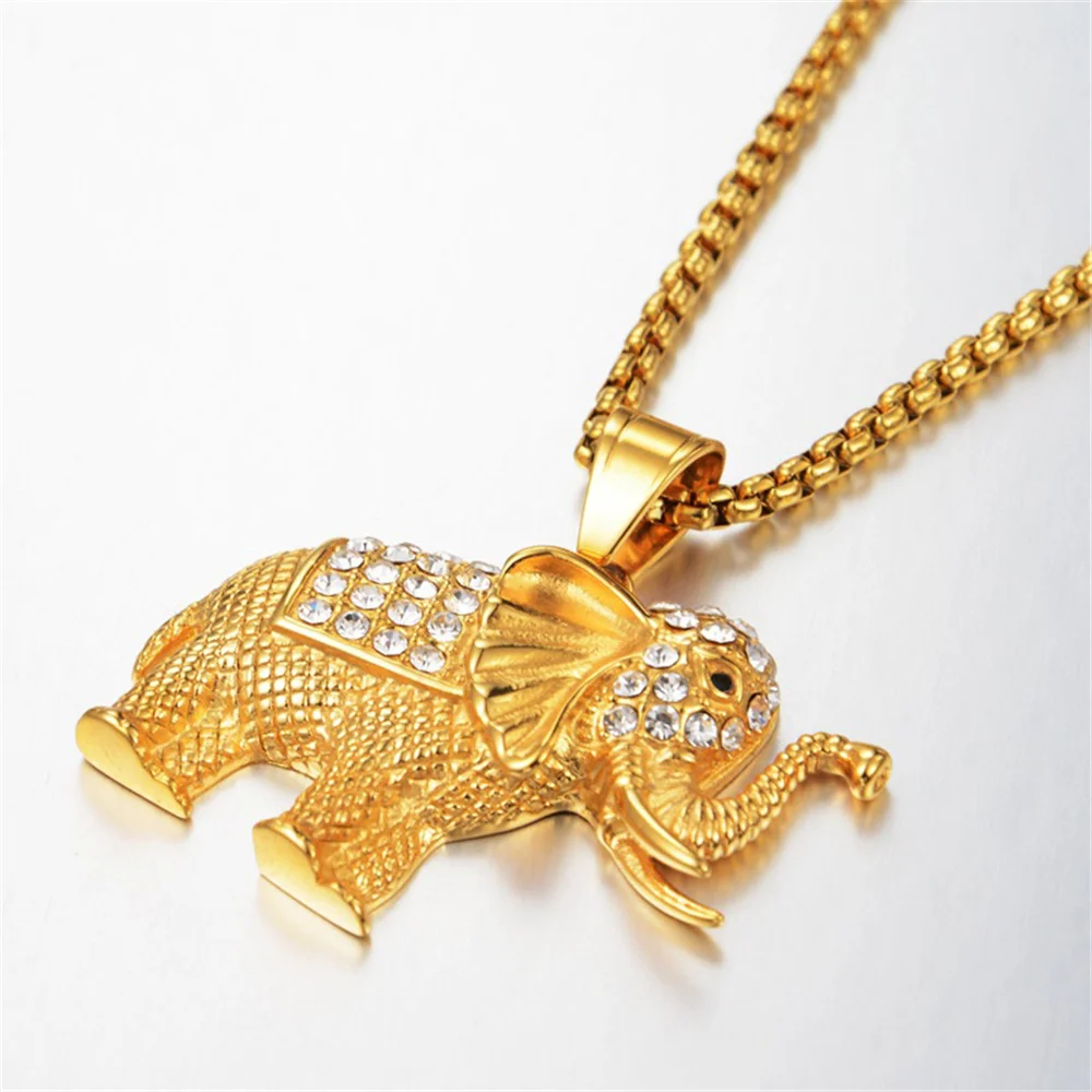 Hip Hop Iced Out Elephant Pendant Female Gold Color Stainless Steel Zirconia Animal Necklace for Women Men Luxury Jewelry Gift