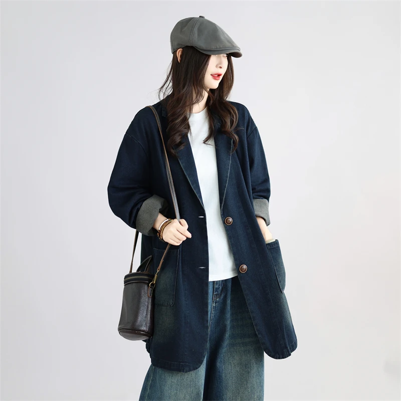 Washed Denim Jacket Women Loose Fit Long Sleeve plus Size Casual Style Artistic Vintage Lazy Fashion Cotton 100% No Stretch