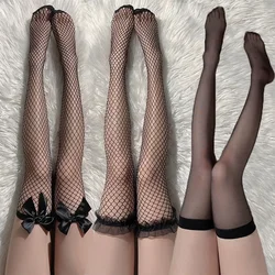 Sweet Over Knee Long Socks Women Girls Lolita Bowknot Thigh High Stockings Punk Lace Mesh Legging Hollow Fishnet Pantyhose