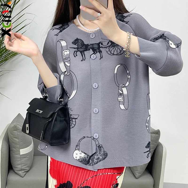 

YUDX Pleated 2024 New Casual Printed Nine-quarter Sleeve Design Shirt Tops Loose Fashion Cardigan Women's Clothing