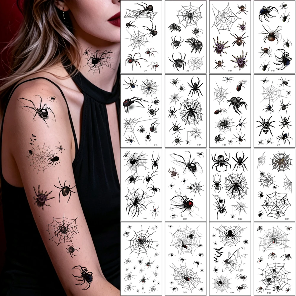 10 Sheets Halloween Temporary Tattoos Spider Web Skull Tattoo Stickers for Face Body Makeup Spider Fake Tattoo Body Cosplay