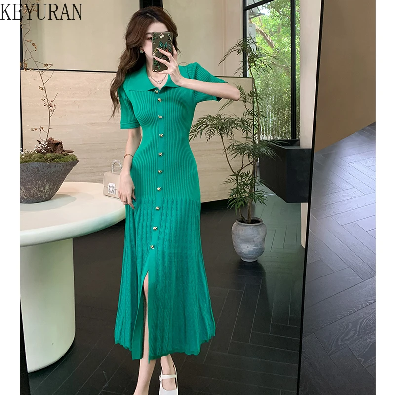 

2024 New Summer Green Knitted Long Dress Women Vintage Elegant Laple Short Sleeve Slim Hollow Out Party Dresses Female Clothing