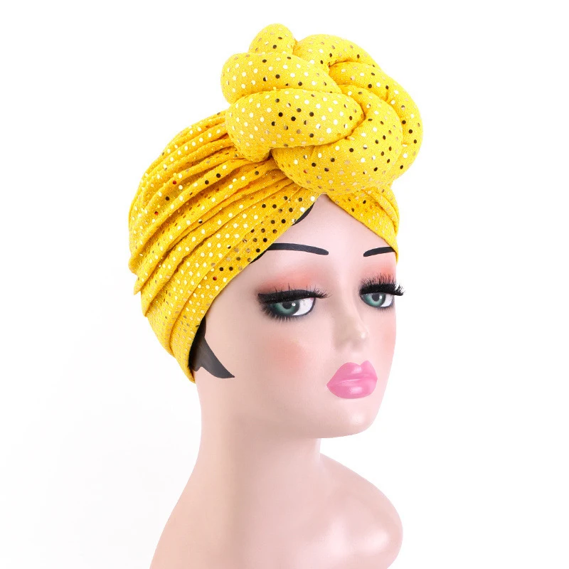 Neue Große Verknotet Turban Pailletten Hijab Hut Frauen Afrikanische Headtie Muslimischen Kopftuch Mützen Motorhaube Chemo Kappe Haarausfall Turbante Mujer