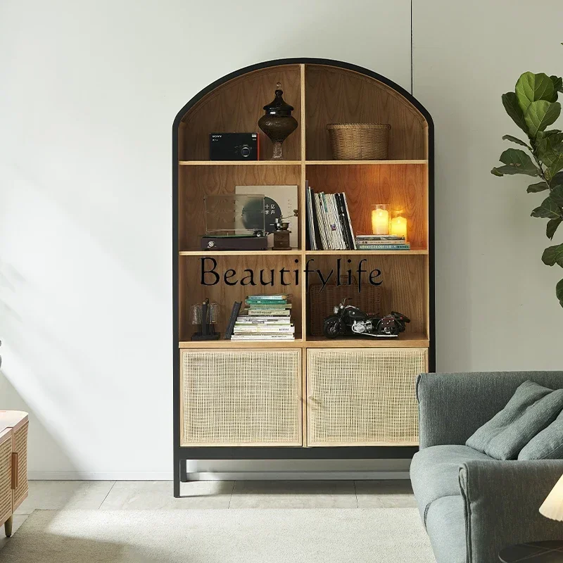S Nordic Bookshelf Vintage Rattan Storage Rack Living Room Floor Solid Wood Display Cabinet Wall Locker