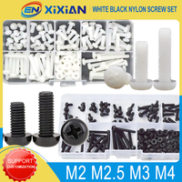 M2 M2.5 M3 M4 White Black Nylon Screw Pan Round Head Phillips Metric Thread Cross Machine Plastic Bolt Nut Set Assortment Kit