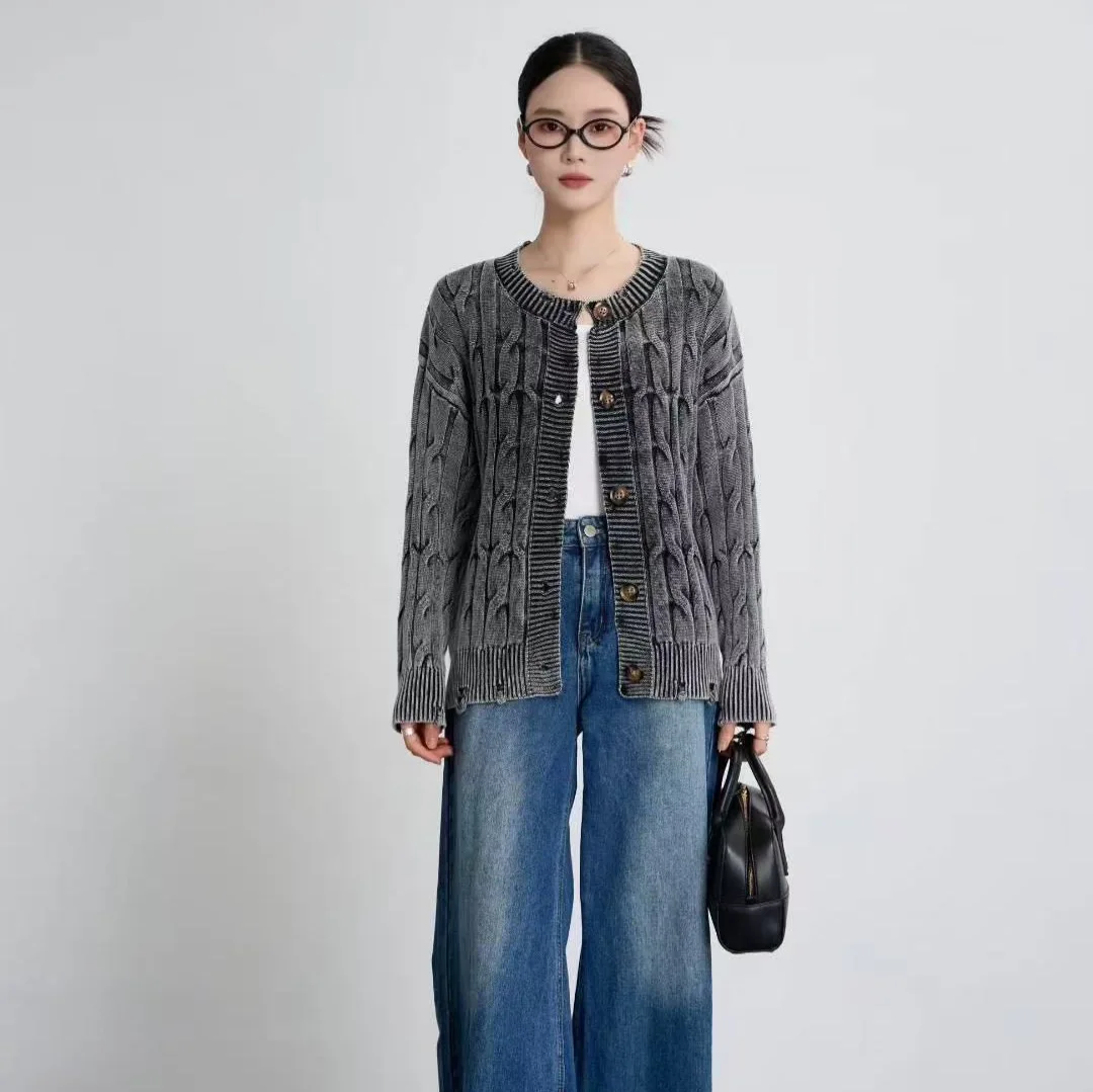 

Retro Crew Neck Twist Women Knitted Cardigan Autumn and Winter Clothes Women New Old Solid Ripped Loose Sweater Women Coat