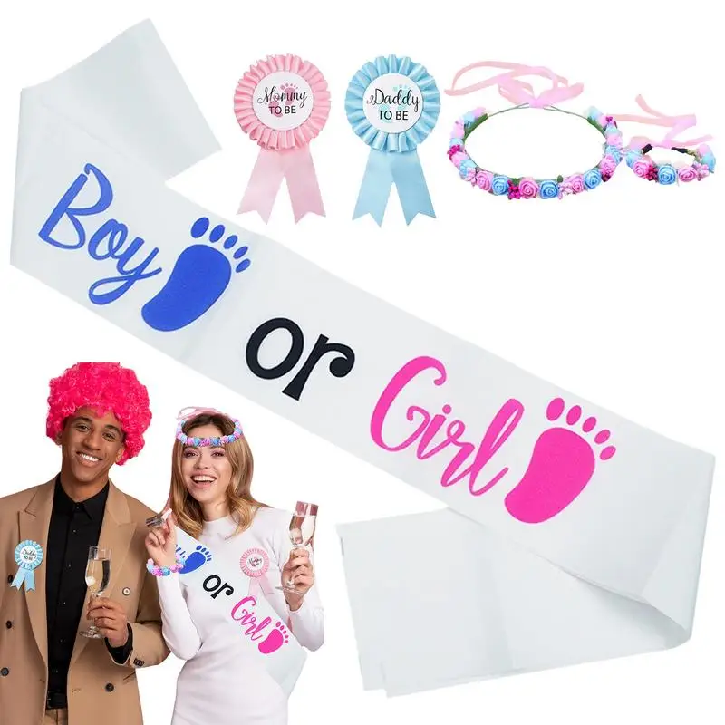 

Mom To Be Sash 5pcs Boy Or Girl Baby Shower Party Decoration Pink Blue Mom To Be Sash Dad To Be Pins Flower Headband Wristband