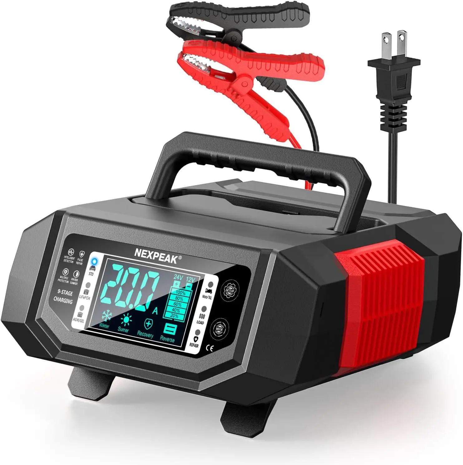 

Smart Battery Charger 12V/24V Adjustable Current for Car Truck Boat Marine Lawn Mower LiFePO4 Lead Acid Maintainer
