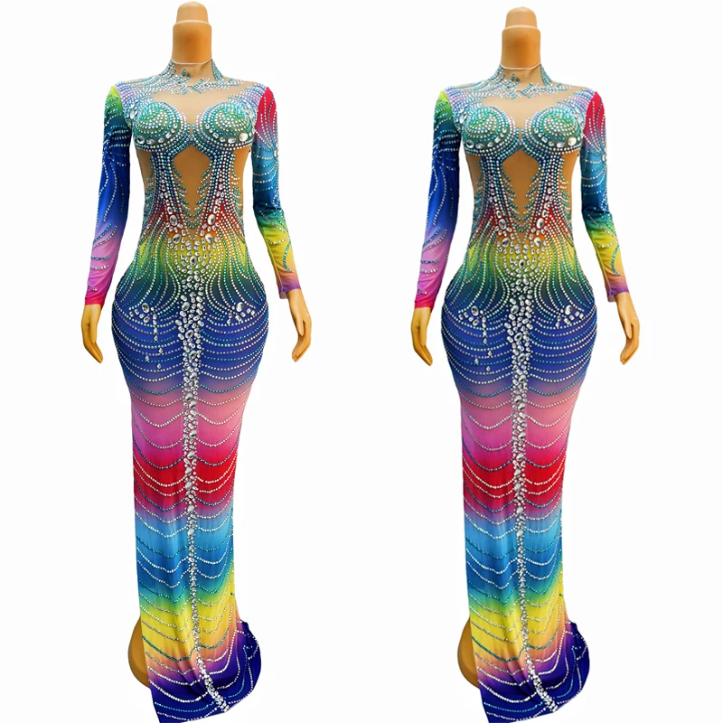 Women Catwalk Outfit Colorful Gradient Rhinestones Evening Dress Celebrate Party Prom Dresses Bar Ds Dj Stage Gogo Wear XS9103