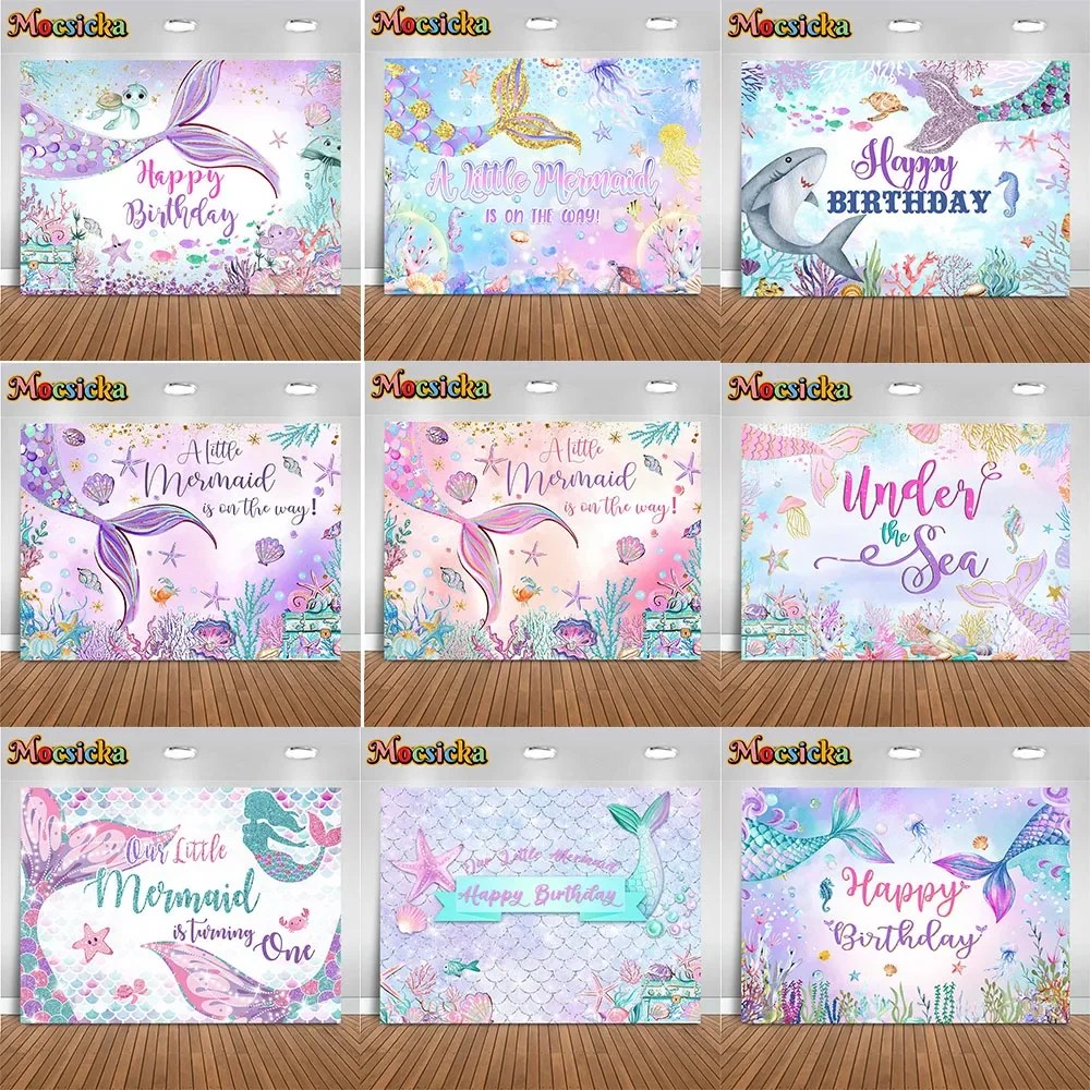 

Mermaid Under the Sea Background Banner for Girls Birthday Party Decor Fishtail Pearl Seashell Bubble Backdrop Prop Baby Shower
