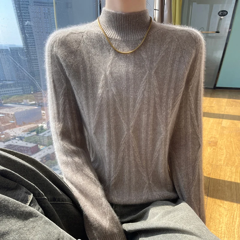 Long-sleeved women\'s sweater in autumn and winter 100% merino wool solid color semi-high collar cashmere knitted pullover top