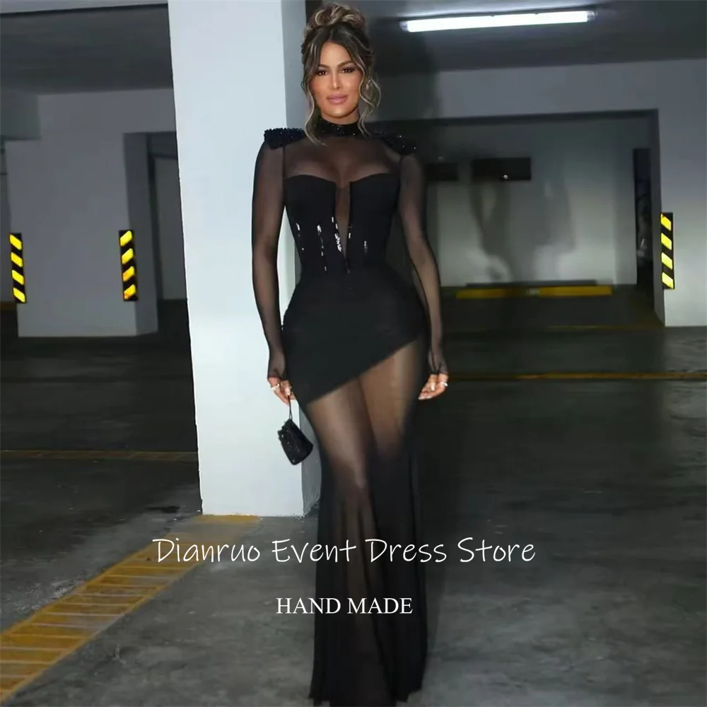 Dianruo ลึกลับคอชุดราตรีสีดํายาว Mermaid พรรคอย่างเป็นทางการชุดภาพลวงตา Ruched Abiti Da Cerimonia ที่กําหนดเอง