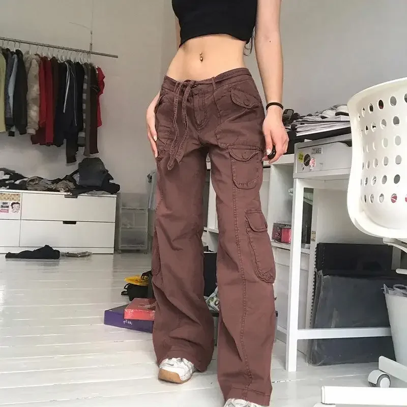 

Pop Loose High Waist Grey Wide Leg Workwear Trousers Women's Casual Street Style Drawstring Waist Belt Pockets Fashionable Long