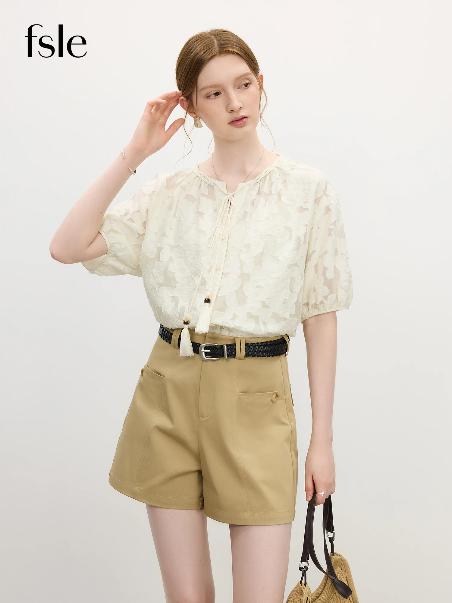 

FSLE Summer 2025 Women's Textured V-Neck Blouse - Loose Fit Puff Sleeve Resort to Office Top