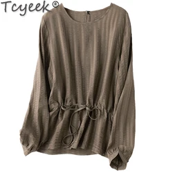 Tcyeek 100% Mulberry Silk Blouse Women Fashion Womens T-shirts Spring Summer Long Sleeve Top Female Vintage Clothing Tops Mujer