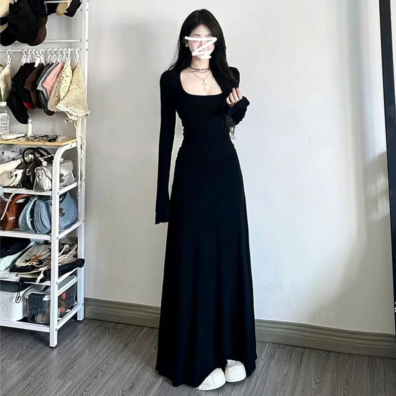 فستان أسود طويل الأكمام المرأة ربيع 2025 جديد التخسيس مزاجه ماكسي فساتين امرأة الكورية موضة شارع العليا فستان طويل