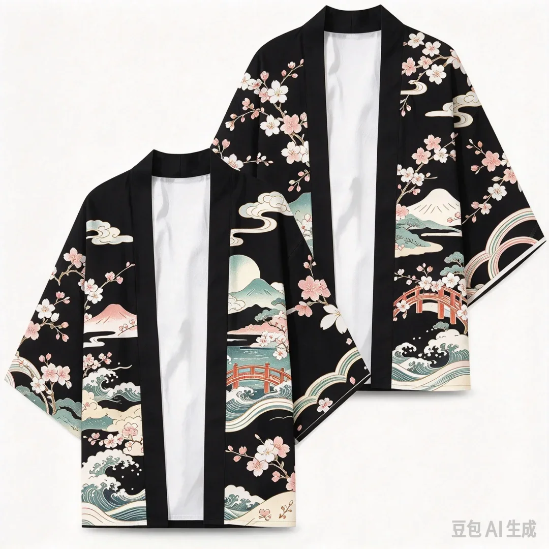 Kitsune Fox Cherry Blossom Moon Bamboo Wave Print Haori Kimono Cardigan Unisex Loose Yukata Japanese Ukiyo-e Streetwear Cover Up