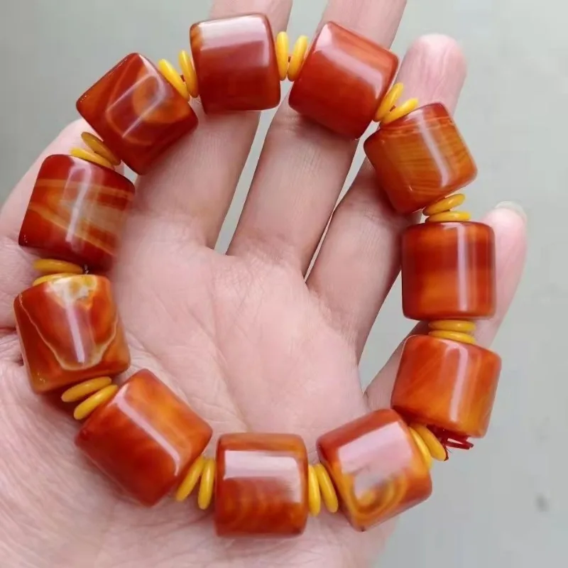 Natural Warring States Red Agate Handheld Bracelet Barrel Beads Rice Beads Prayer Beads gemstone bracelet for men