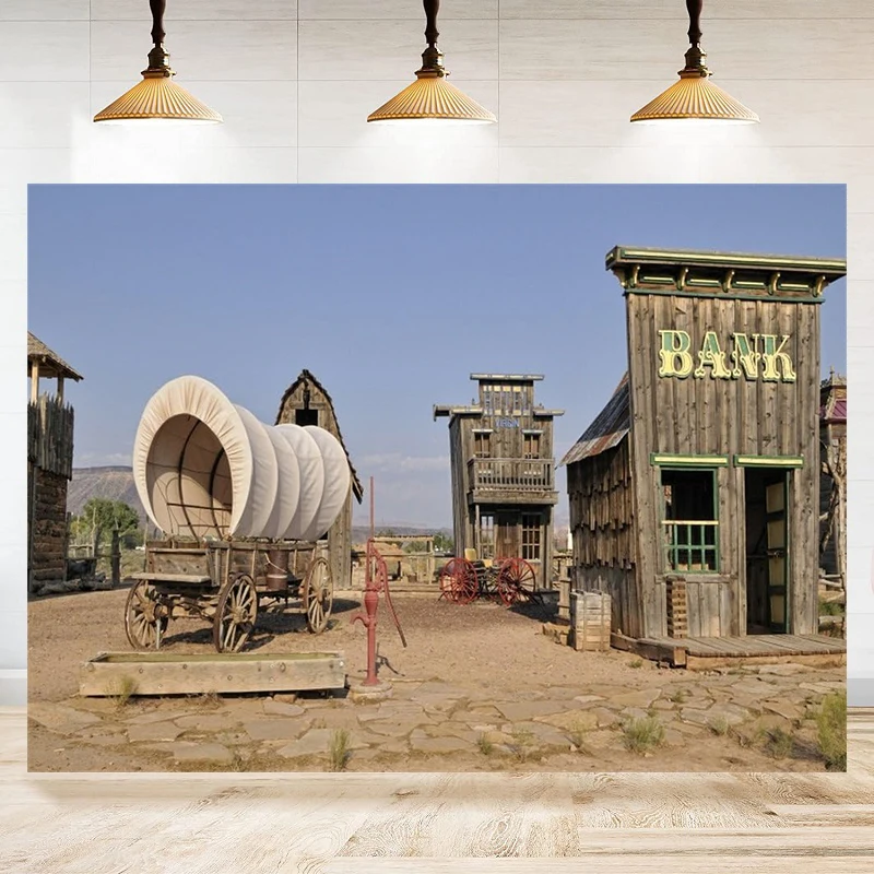 Western Cowboy Photography Backdrop Town Scene Wooden Bank Wagon Wild West Theme Country Building Travel Background Banner